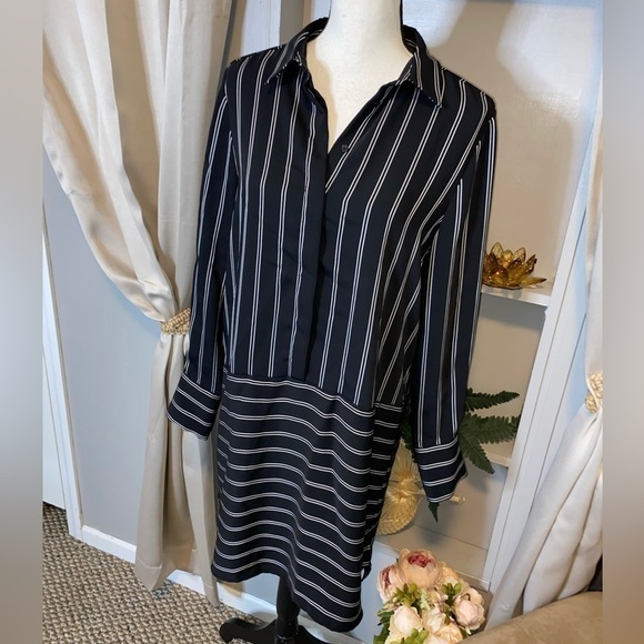 Cremieux size Small EUC White Black Pinstriped Collard Shirt Long Sleeve Dress - Picture 2 of 11
